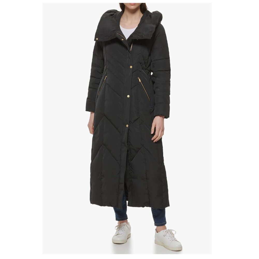 Cole Haan Womens Taffeta Down With Overlapping Convertible Collar Chevron Quilt